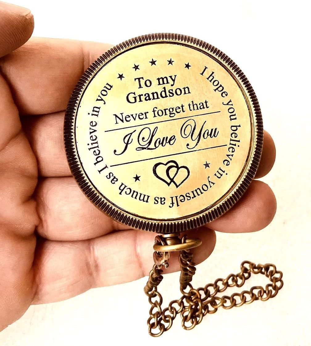 Gift for Grandson Brass Compass Engraved Quote | Memory Present to My Grandson Birthday, Baptism, Graduation, Confirmation, Love, Gift idea by Grandpa Grandma