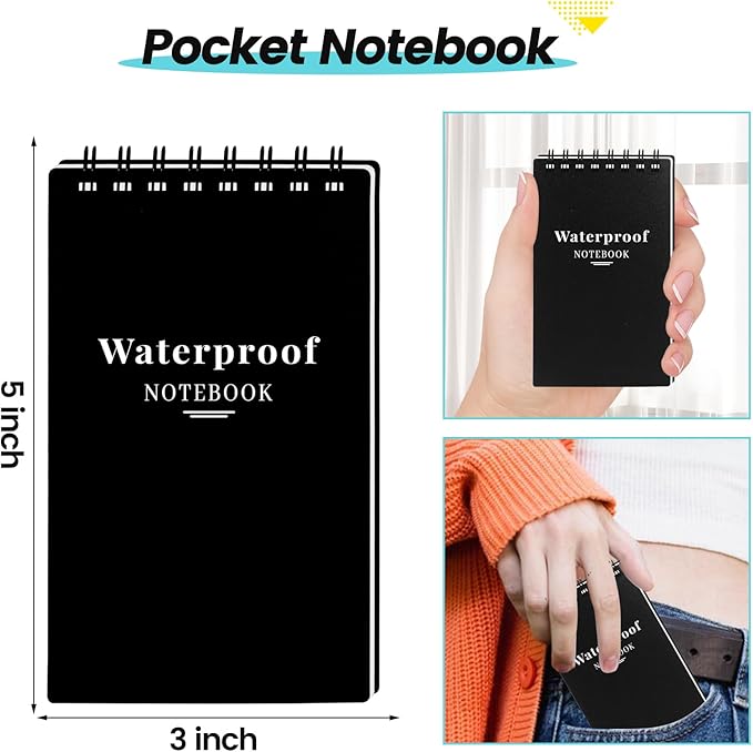 6 Pack Waterproof Pocket Notebooks, 3x5 Small Notepads, Mini Top Spiral Notebook, Lined College Ruled Paper, Tiny Memo Pads for Home, Office, Work, School, or Travel