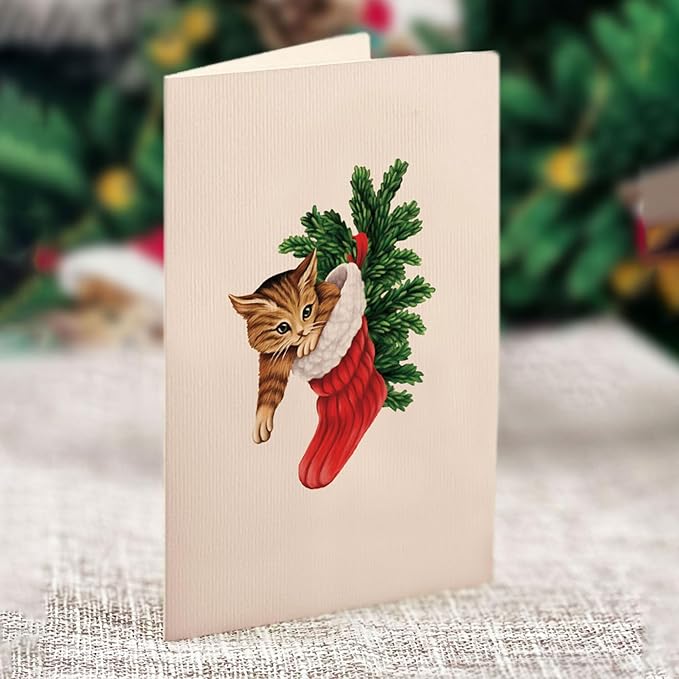Freshcut Paper Pop Up Cards, Mini Meowy Christmas, 6 Inch Mini Sized Forever Flower Bouquet 3D Popup Greeting Cards, Christmas Card, Holiday Card, Blank Notecard & Envelope