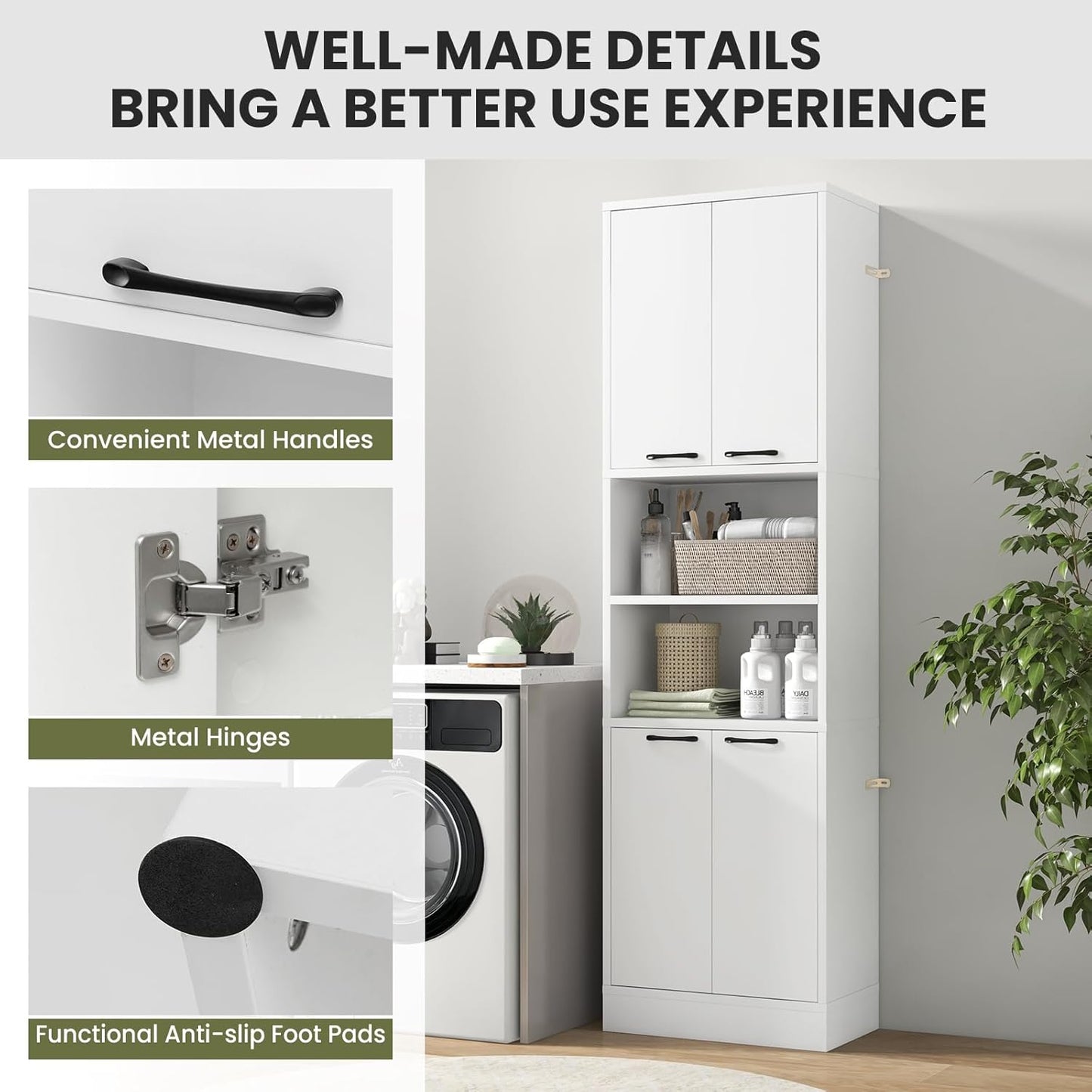 NAFORT Storage Cabinet, 75" Freestanding Tall Cupboard with Shelves, Anti-toppling Devices & Non-Slip Foot Pads, Modern Slim Cabinet for Indoor Space