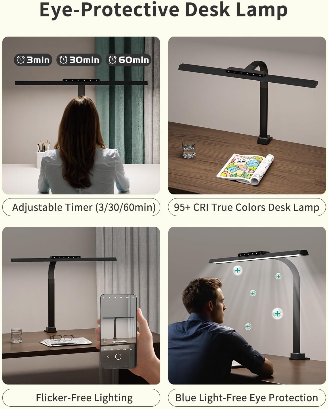 LED Desk Lamps for Home Office, 24W Bright Eye-Caring Desk Light with Clamp, Stepless Dimming Adjustable Flexible Gooseneck Clip on Office Lamp with Adapter for Reading, Study, Workbench,White