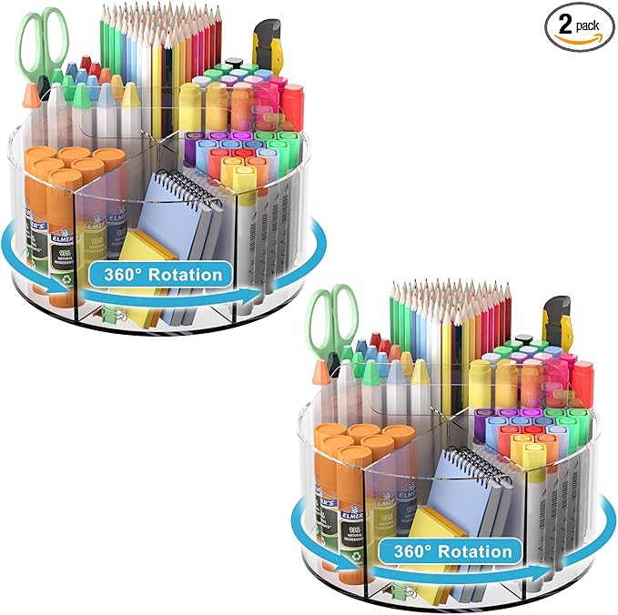 Rotating Art Supply Organizer 2 Pcs, Clear Marker Organizer Pen Holder for Desk, Colored Pencil Organizer Desktop Organizer for Kids, Acrylic Lazy Susan Organizer