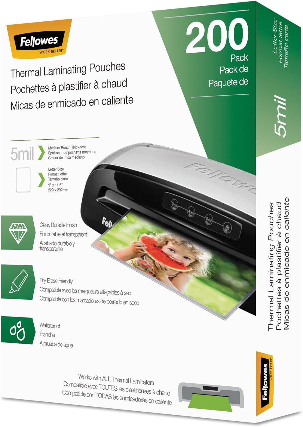 Fellowes Thermal Laminating Pouches, Letter Size Sheets, 5mil 200pk, Clear (5743601)