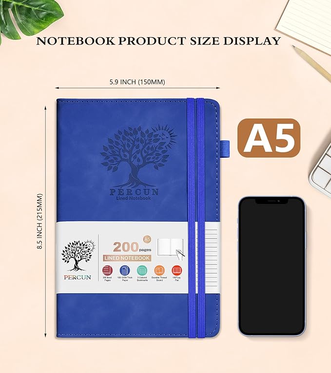 Lined Journal Notebook for Men & Women,200 Pages A5 Hardcover Leather Notebook (5.9"x8.5"), Travel Journal for Work, School, Business Writing, Note Taking, Notepad Diary (Navy)