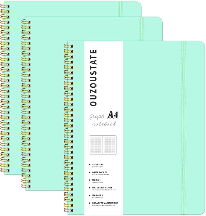 Graph Paper Notebook 8.5" x 11", A4 Mint Green Grid Notebook Journal Hardcover College Ruled Notebook for Work, 120 Pages 100GSM Large Thick Spiral Writing Journal for Women & Men