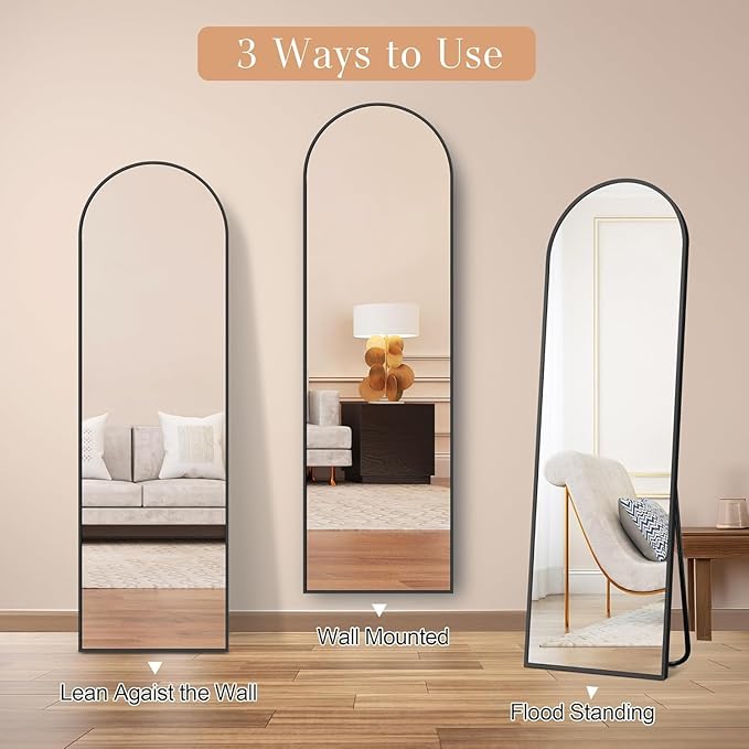 Arched Full Length Mirror with Stand, 57"x20" Free-Standing Leaning Wall-Mounted Mirrors, Elegant Body Mirror for Living Room, Bedroom & Cloakroom, Black