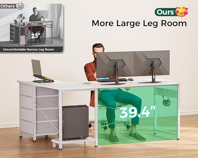 Casaottima L Shaped Desk with 4 Tier Drawers, 53" Gaming Desk with Power Outlets & USB, Reversible L-Shaped Computer Desk with CPU Stand, Home Office Corner Desk with Storage, Easy Assemble, White