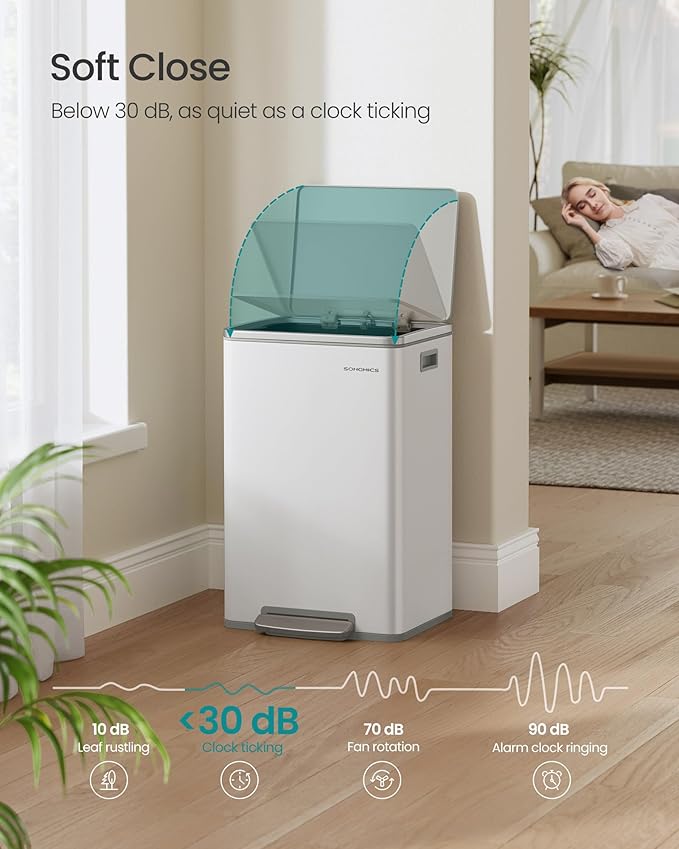 SONGMICS Trash Can, 13-Gallon Gabbage Can, with 15 Trash Bags, Steel, with Soft-Close Lid, Removable Inner Bucket, Handles, Cloud White ULTB595W01V1