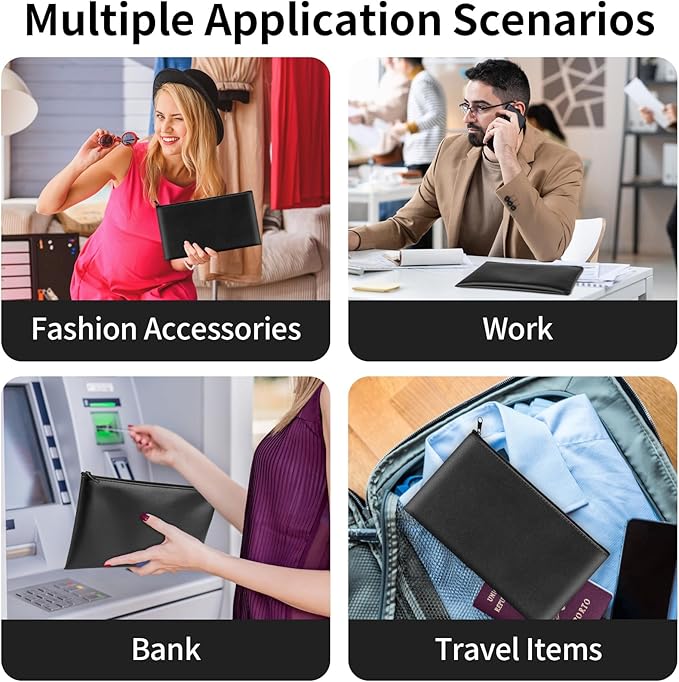 4 Pack Money Bags with Zipper, 11x6.1 Inch PU Leather Cash Pouch, Secure Bank Bag for Coins, Bills, Checks, Invoices, Cosmetics, Tools (Black)