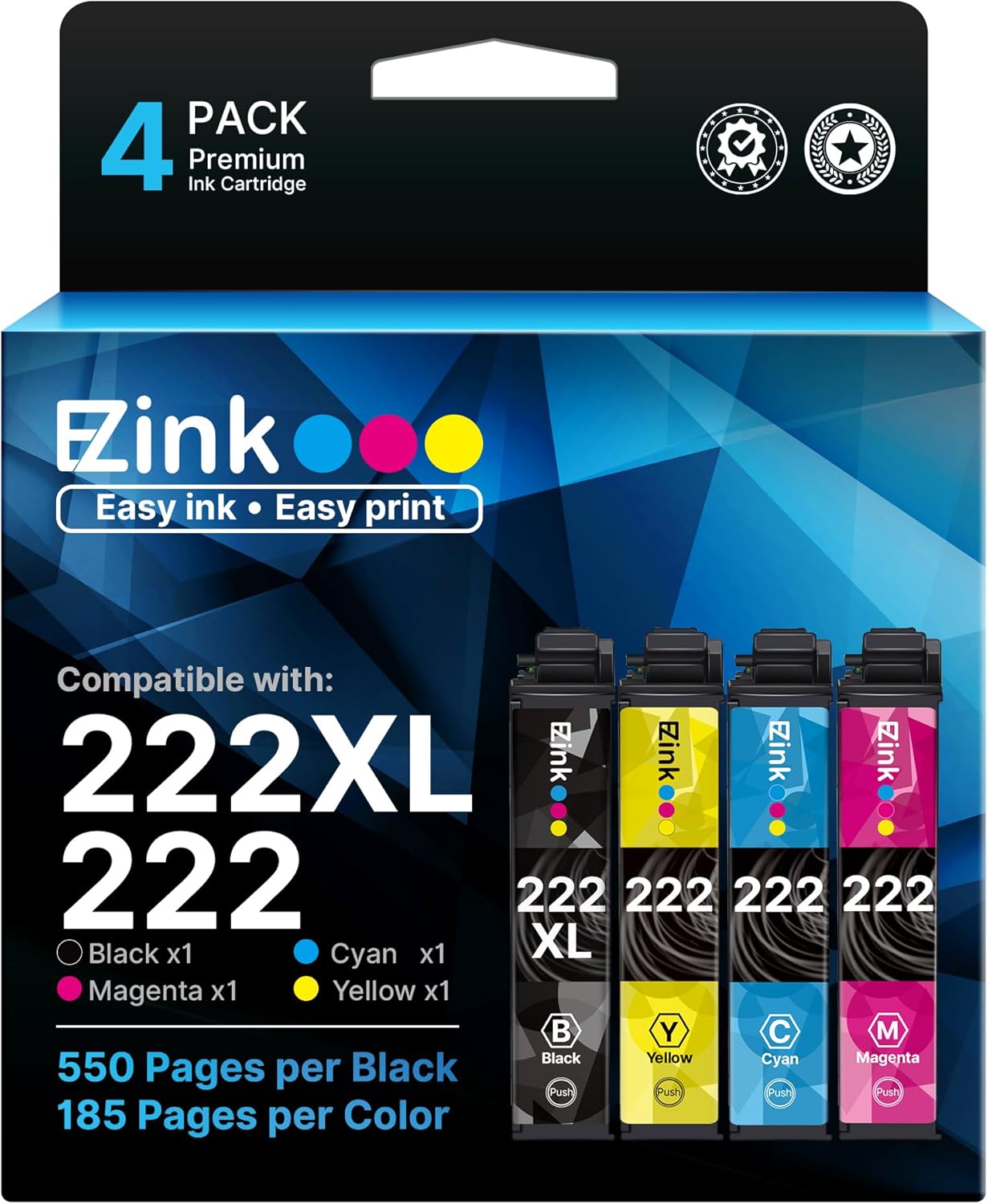 E-Z Ink Remanufactured for Epson 222 222XL Ink Cartridges Combo Pack High Yield Work for Workforce WF-2960, Expression Home XP-5200 Printer (Black, Cyan, Magenta, Yellow)