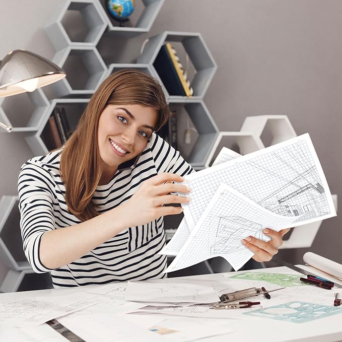 Graph Paper 3 Pack, 450 Sheets, 4x4 Grid Paper, 8" x 10.5", 3 Hole Punched, Notebook Paper, 54 GSM Thick Graphing Paper, Quad Ruled Graph Paper, Loose Leaf Paper, Back to School Supplies