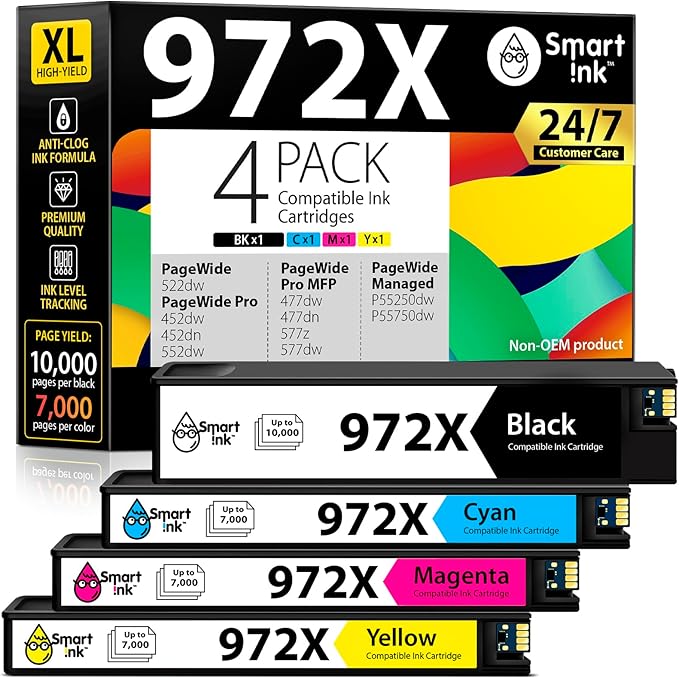 Smart Ink Compatible Ink Cartridge Replacement for HP 972X 972 X (4 Pack Combo) to use with PageWide Pro 477dw 577dw 452dw 477dn 452dn 577z 552dw P55250dw Printers (Black & Cyan Magenta Yellow)