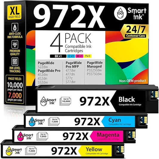 Smart Ink Compatible Ink Cartridge Replacement for HP 972X 972 X (4 Pack Combo) to use with PageWide Pro 477dw 577dw 452dw 477dn 452dn 577z 552dw P55250dw Printers (Black & Cyan Magenta Yellow)