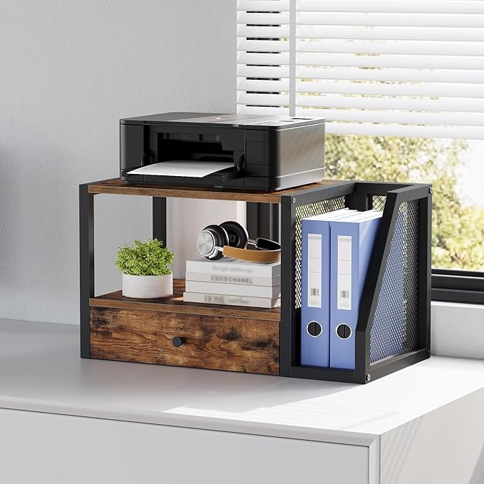 Home Printer Stand for Desk, Desktop Printer Table with Storage Drawer and Side Book Stand, 2-Tier Printer Shelf, Desk Organizer for Home Office, Rustic Brown and Black PTHR3001