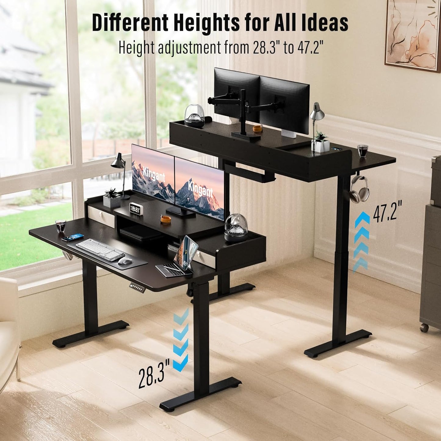 Standing Desk with Drawers,Thickened Table Legs Sit Stand Desk Electric for Home Office & Gaming,Ergonomic Stand Up Desk Cable Management Tray(Classic Black) (Classic Black, 55″ x 30″)