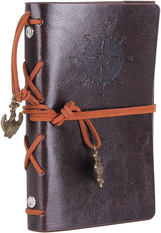 EvZ Leather Writing Journal Notebook, 5 Inches Vintage Nautical Spiral Blank String Diary Notepad Sketchbook Travel to Write in, Unlined Paper, Retro Pendants, Classic Embossed, Coffee
