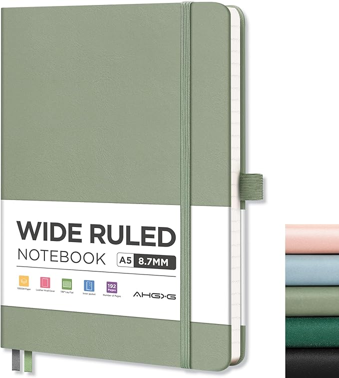 AHGXG Wide Ruled Notebook for School - Lined Journal for Women Men, 192 Numbered Pages, 100 GSM Thick Paper, A5 Hardcover Leather Notebook for Work, Writing, 5.7"×8.3" - Sage Green