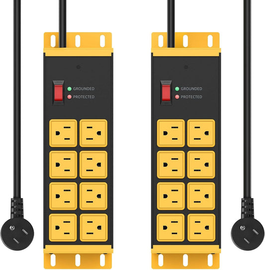 HHSOET 2 Pack Heavy Duty Power Strip 8 Outlets, Metal Wall Mount Outlet Strip 4800J Surge Protector, Garage Shop Under Desk Mountable 10FT Extension Cord Plug.