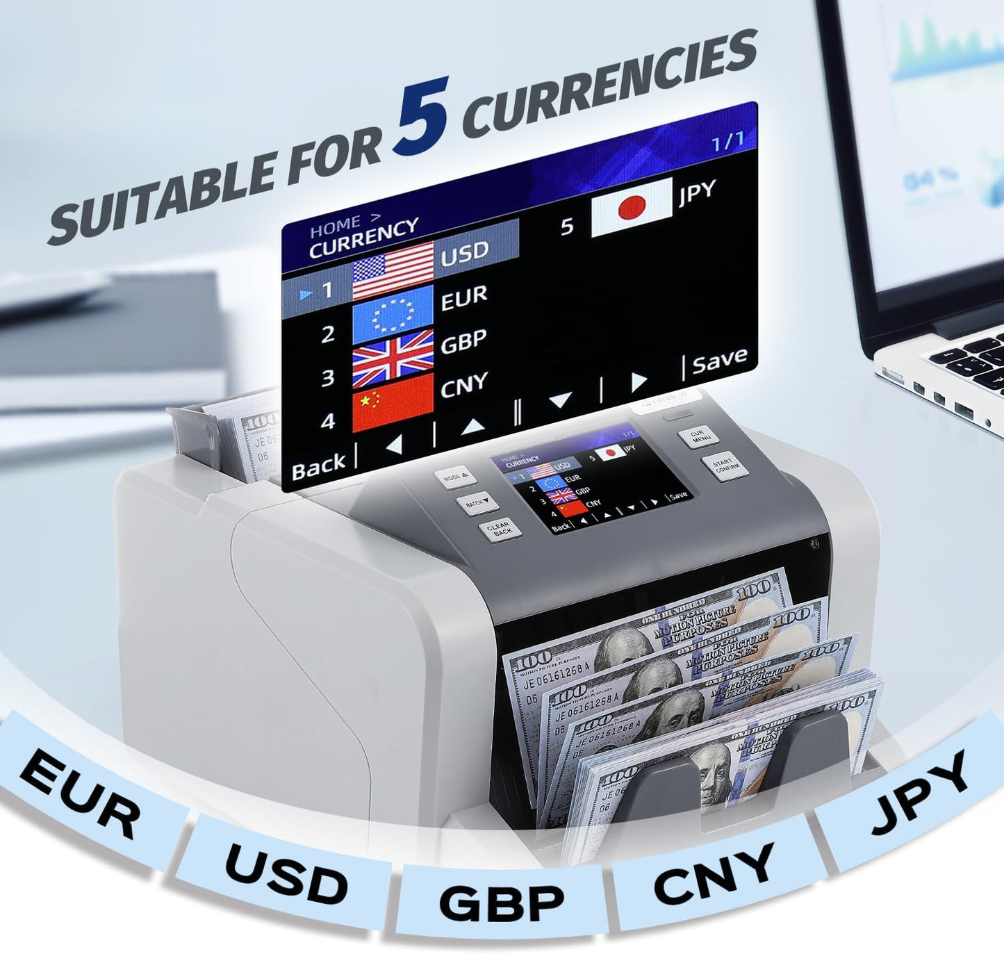 Money Counter Machine Mixed Denomination with Value Count, Touch Screen with 5 Currencies Suitable, MT/UV/MG/IR Counterfeit Bill Detection, 6 Modes Available Cash Counter with LCD Display