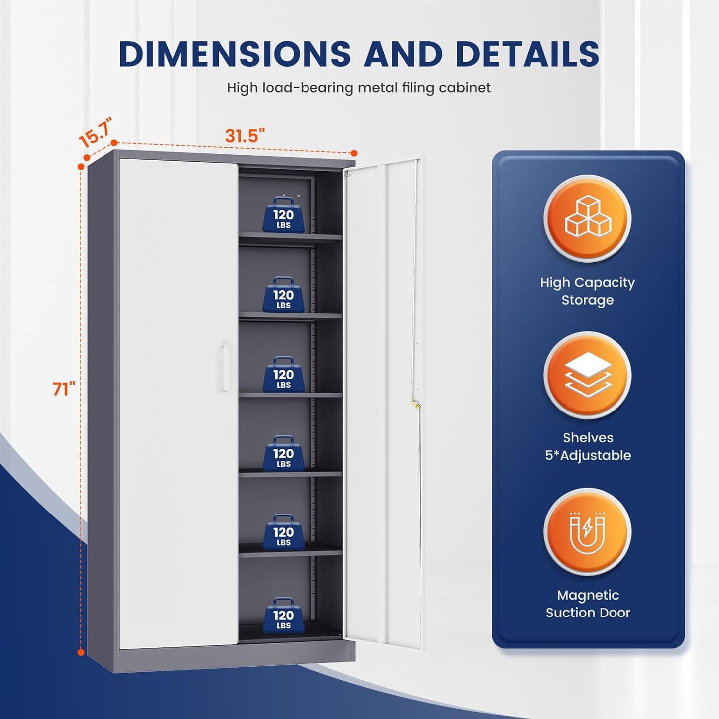 Yizosh Metal Garage Storage Cabinet with 2 Doors and 5 Adjustable Shelves - 71" Steel Lockable File Cabinet,Locking Tool Cabinets for Office,Home,Garage,Gym,School (Gray White)