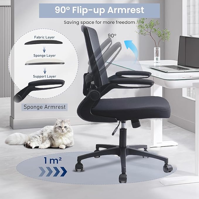 Desk Chairs with Wheels, Ergonomic Mesh Office Chair Adjustable Height and Swivel Lumbar Support Home Office Chair with Flip Up Armrests, Set of 2