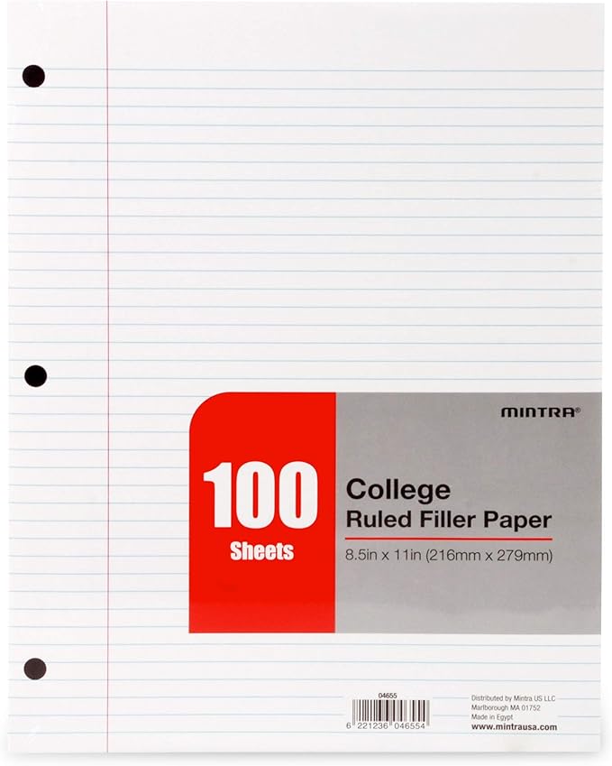 Mintra Office Filler Paper (College Ruled, 2400 Sheets (4-6pks)) - 8.5in x 11in - Filler Paper for Ring Binders