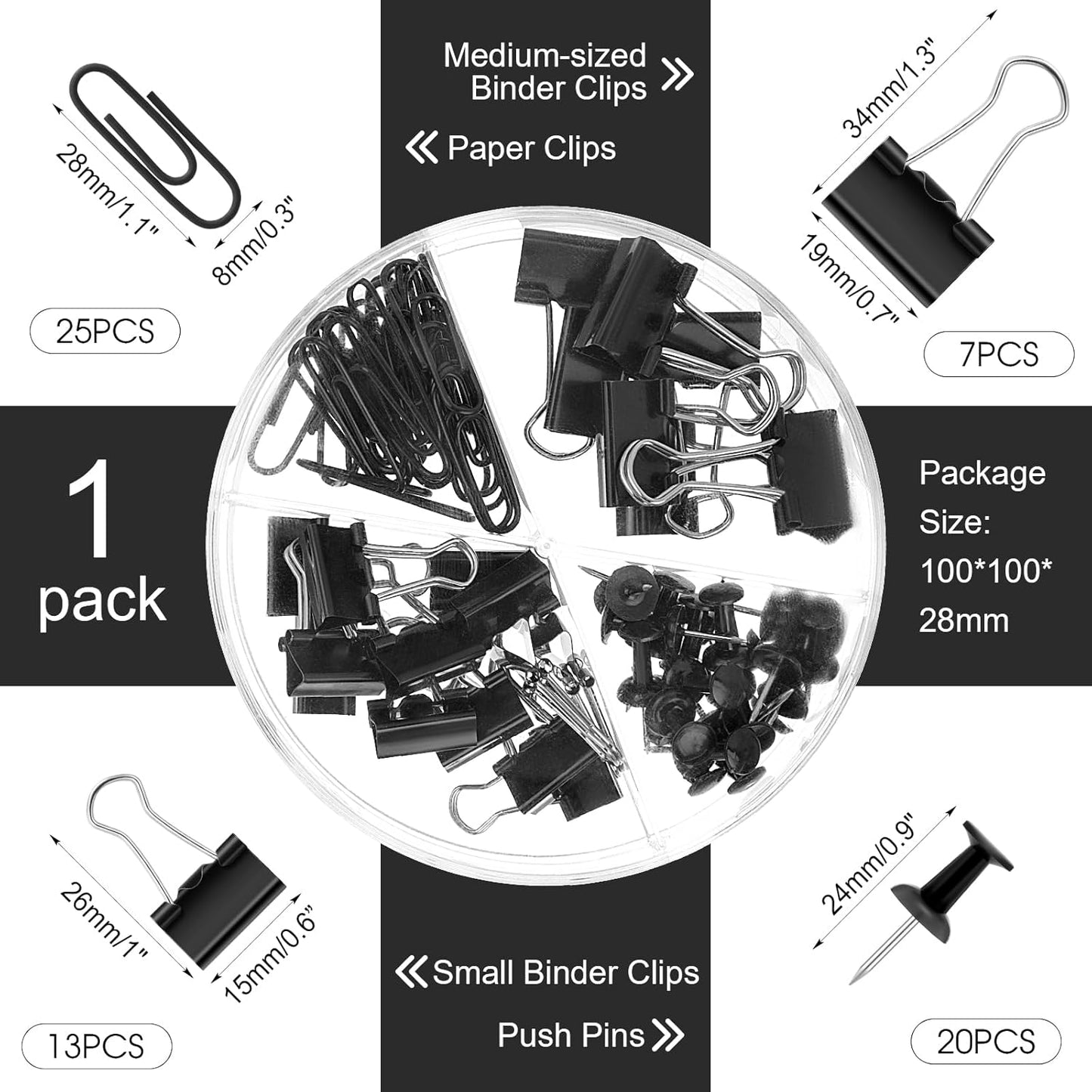 1560 Pcs Paper Clips and Binder Clips Assorted Sizes, Large Medium Small Binder Clip Paperclips Thumb Tacks, College Supplies Home Office Supplies Document Organizing(Black)