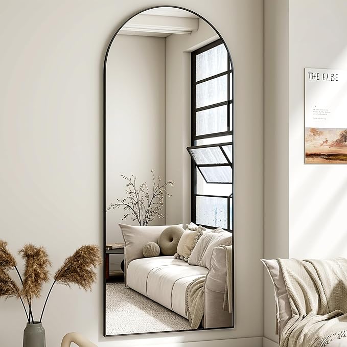 HARRITPURE 65"x24" Arched Full Length Mirror Free Standing & Wall-Mounted Full-Length Mirror with Stand Modern Black Mirror for Living Room Bedroom Cloakroom Aluminum Frame