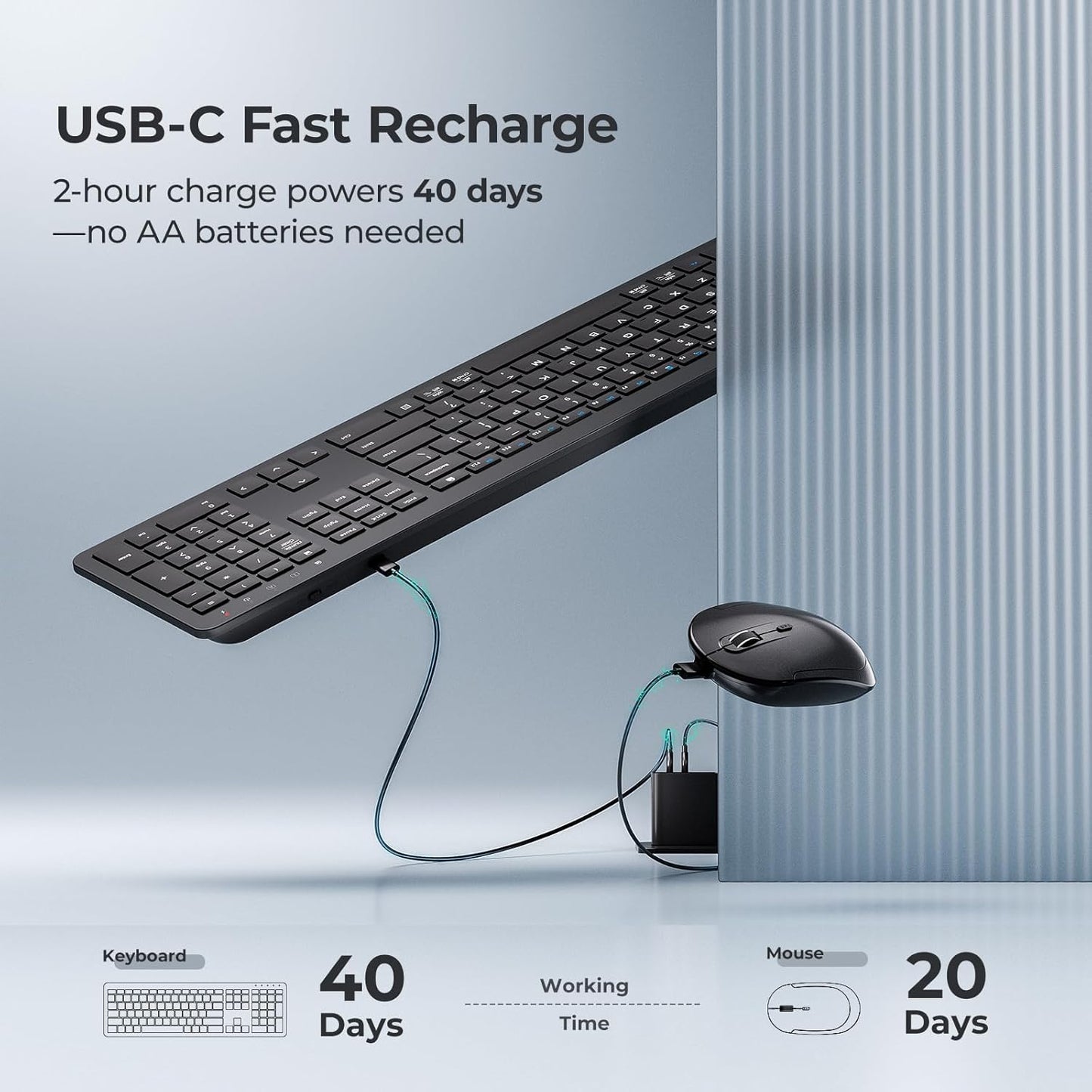 iClever Wireless Keyboard and Mouse, GK08 Rechargeable Keyboard Mouse Combo, Ergonomic, Quiet, Full Size Design with Number Pad, 2.4G Connection for Mac, Windows and Computer