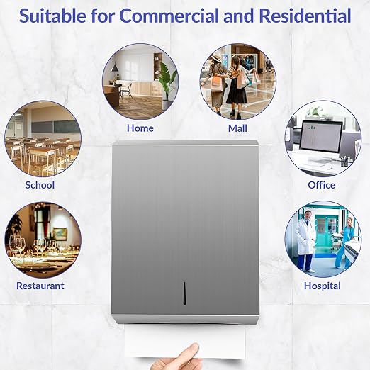 Paper Towel Dispenser Wall Mount, Brushed Stainless Steel Commercial Paper Towel Holder with Lock, Large Capacity 400 C Fold/525 Multifold Towels