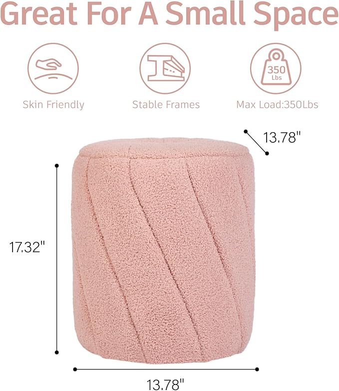 Modern Round Ottoman 2Pcs, Spiral-Tufted Foot Stool Ottoman, Teddy Fleece Upholstered Vanity Stool for Makeup, Bedroom, Living Room, Pink