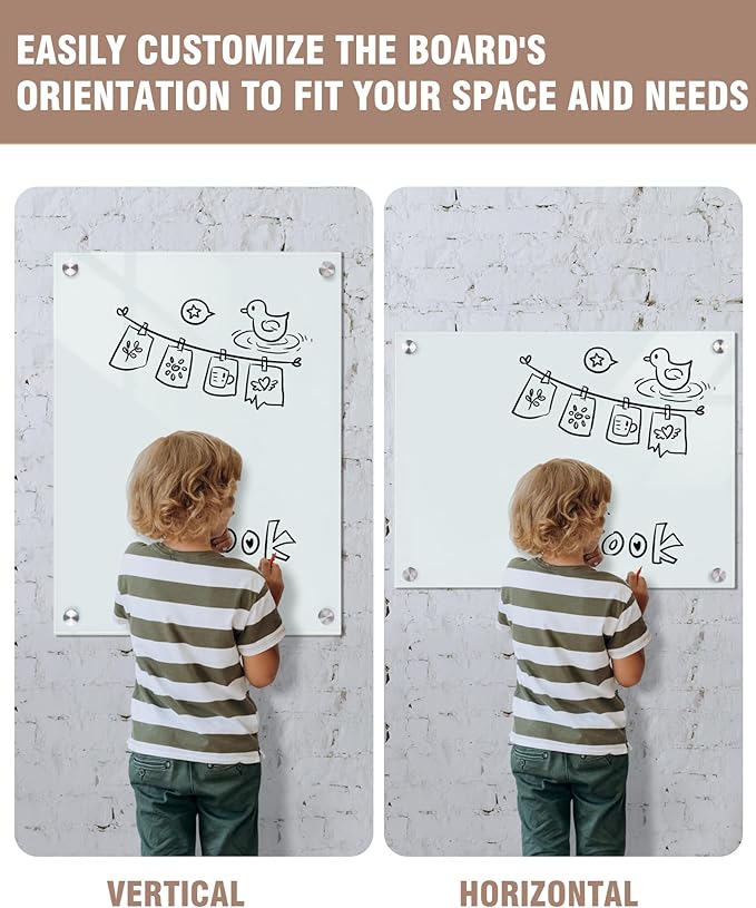 Magnetic Glass Whiteboard，24"x18" Wall Mounted Frameless Dry Erase Board for Office, Home & School White