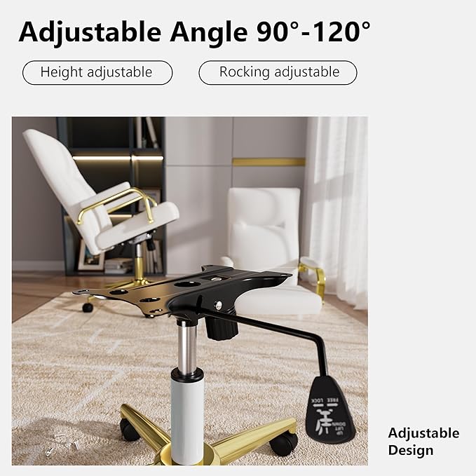 White and Gold Office Chair Memory Foam, White Leather Computer Desk Chairs with Wheels and Arms, High Back Executive Office Chair for Girl and Women