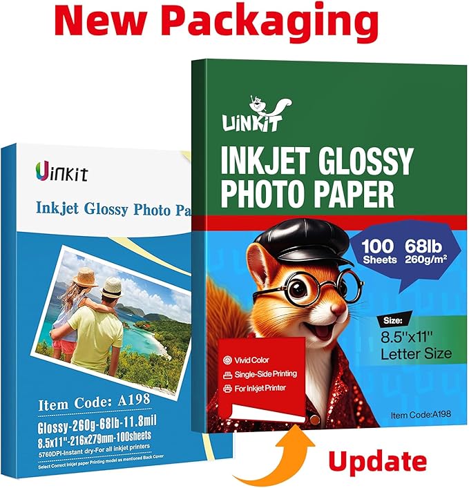 Uinkit 100 Sheets Heavyweight Thick Glossy Photo Paper Single side 8.5x11 Inkjet 68lb 260Gsm DIY Greeting Card Placemat Craft Project Signage Christmas Poster 11.8Mil for Inkjet printer