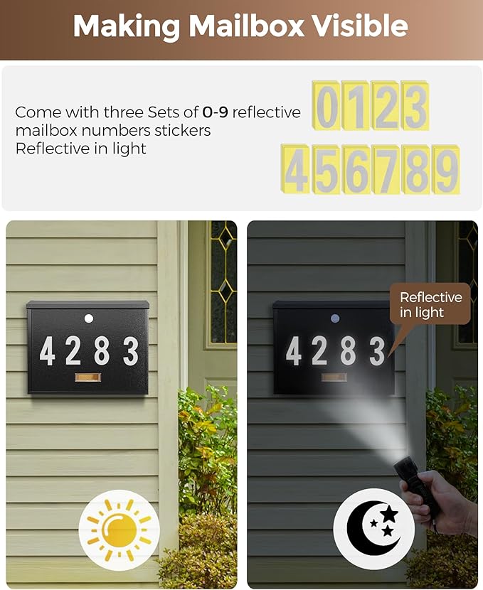 LAND·VOI Locking Wall-Mount Mailbox for Outside, with 4 Keys, Galvanized Steel Rustproof Metal Postbox, 4" Dx13.8 Wx11.2 H, Includes 3 Sets of Mailbox Numbers, Nameplate, Black, AMB33B