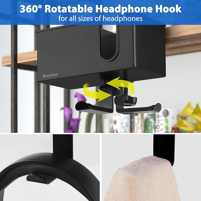 ROSLINE 3-in-1 Clip-on Desk Organizer - Pen, Headphone, and Cup Holder for Expanding Office and Gaming Space (Black)