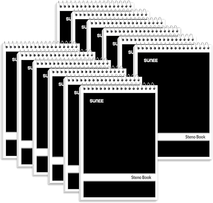 SUNEE 12 Pack Steno Pads 6x9, Gregg Rule, 60 Sheets, Spiral Notebook 6x9, White Paper, Take Notes with Top Spiral Notebook, for School, University, College, Work, Office, Black
