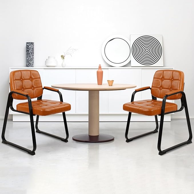 CLATINA Office Guest Chair, Leather Reception Chairs with Padded Arms, Desk Chair No Wheels Stationary for Conference Lobby Waiting Room Training Side Elderly, Set of 4-Orange
