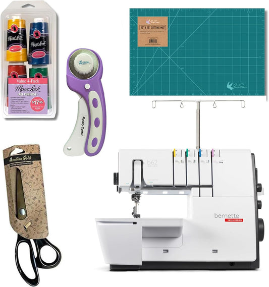 Bernette B62 Airlock Coverstitch Machine Bundle | Air Threader, Scissors, Rotary Cutter, Threads, Self Healing Foldable Cutting Mat, LED Light, Extension Table | Heavy Duty, Beginner to Professional