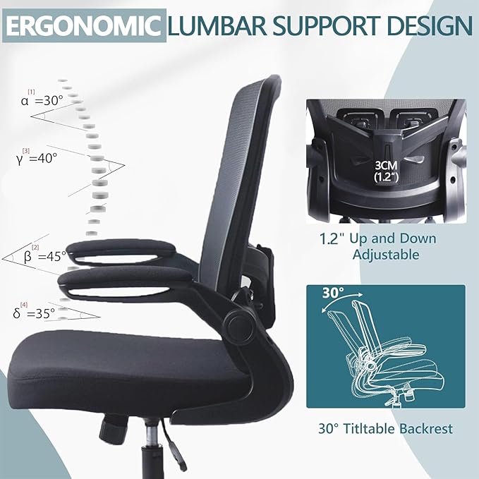 Desk Chairs with Wheels, Ergonomic Mesh Office Chair Adjustable Height and Swivel Lumbar Support Home Office Chair with Flip Up Armrests (8PK)