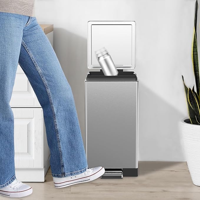 Trash Can with Lid - 30 Liter/8 Gallon Square Stainless Steel Trash Can with Odor Protection Kitchen Garbage Cans with Soft-Close Foot Pedal Step Bin for Bathroom Home Office Silver