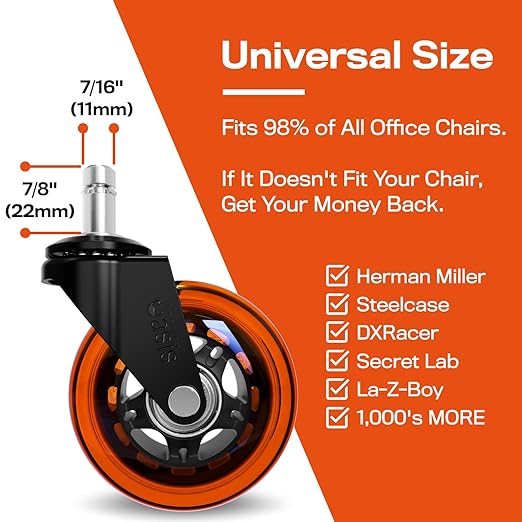 The Office Oasis Original Roller Style Office Chair Wheels (As Seen On PBS) - Smooth & Quiet Casters - Safe for Hardwood Floors & Carpet - Easy Install with Universal Fit - Set of 5 - Orange