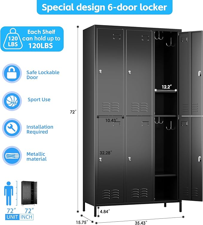 6 Doors Metal Locker for Employees with 18 Hooks and Business Card Holder,Metal Locker with Ventilation Holes for School Garage Office Gym Home,Assembly Required,Black