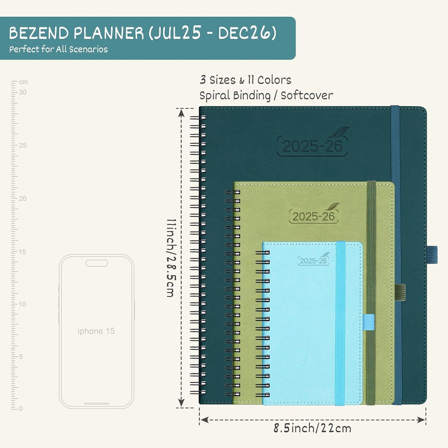 BEZEND Planner 2025-2026 Weekly and Monthly, 8.5" x 11" Academic Calendar (Jul 25-Dec 26) Vertical Daily Appointment with Hourly Timeslot & Monthly Tab, Spiral, PU Leather Softcover - Cornflower