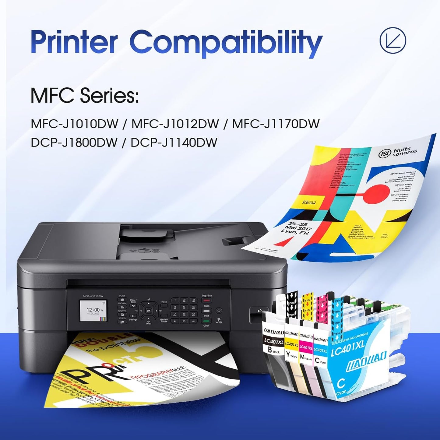 LC401XL Ink Cartridges Replacement for Brother LC401 LC401XL Ink Cartridges for Brother Printer MFC-J1010DW MFC-J1012DW MFC-J1170DW Black Cyan Magenta Yellow (4 Pack)