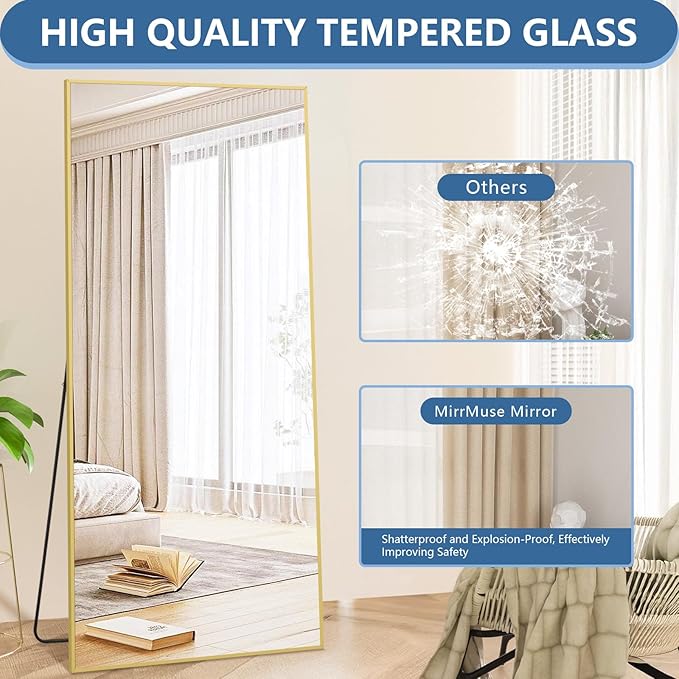 Large Full Length Mirror, 71"x32" Gold Floor Mirror with Stand, Rectangle Standing Mirror for Living Room Bedroom Cloakroom Gym, Thin Aluminum Frame, Tempered Glass