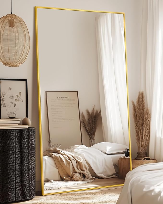Full-Length Floor Mirror with Stand, 76"x34" Rectangle Style Full Body Standing Mirror for Bedroom, Living Room, Gym, Dorm - Shatter-Resistant & Easy Assembly, Gold