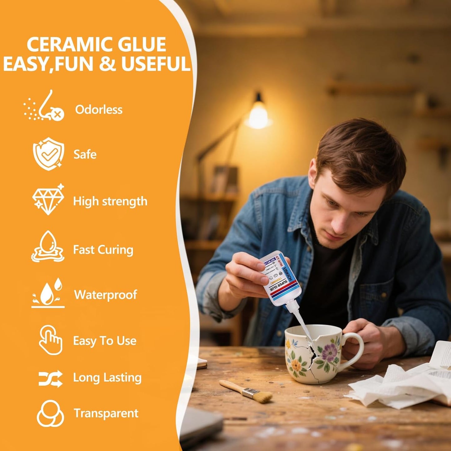 Super Glue for Porcelain and Pottery Repair with Anti Clog Cap. 6 x 1 fl oz,CA Glue - Clear Ceramic Repair Adhesivefor Dishes, Tiles, DIY Crafts, Quick Dry