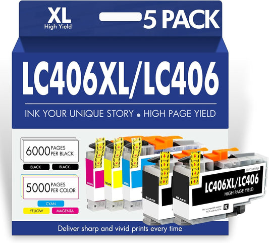 Cool Toner LC406XL LC406 Ink Cartridges for Brother Printer MFC-J4335DW MFC-J5855DW LC 406 XL for MFC-J6555DW MFC-J4535DW MFC-J6955DW MFC-J4345DW MFC-J5955DW HL-JF1 5 Pack-2Black Cyan Magenta Yellow