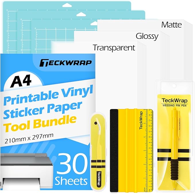 TECKWRAP Printable Vinyl Sticker Paper, (MatteGlossyTransparent) Inkjet Printable Sticker Vinyl, A4 30PCS Photo Paper for Craft, Stickers, Labels All-in-One Tools & Accessories Bundle Kit